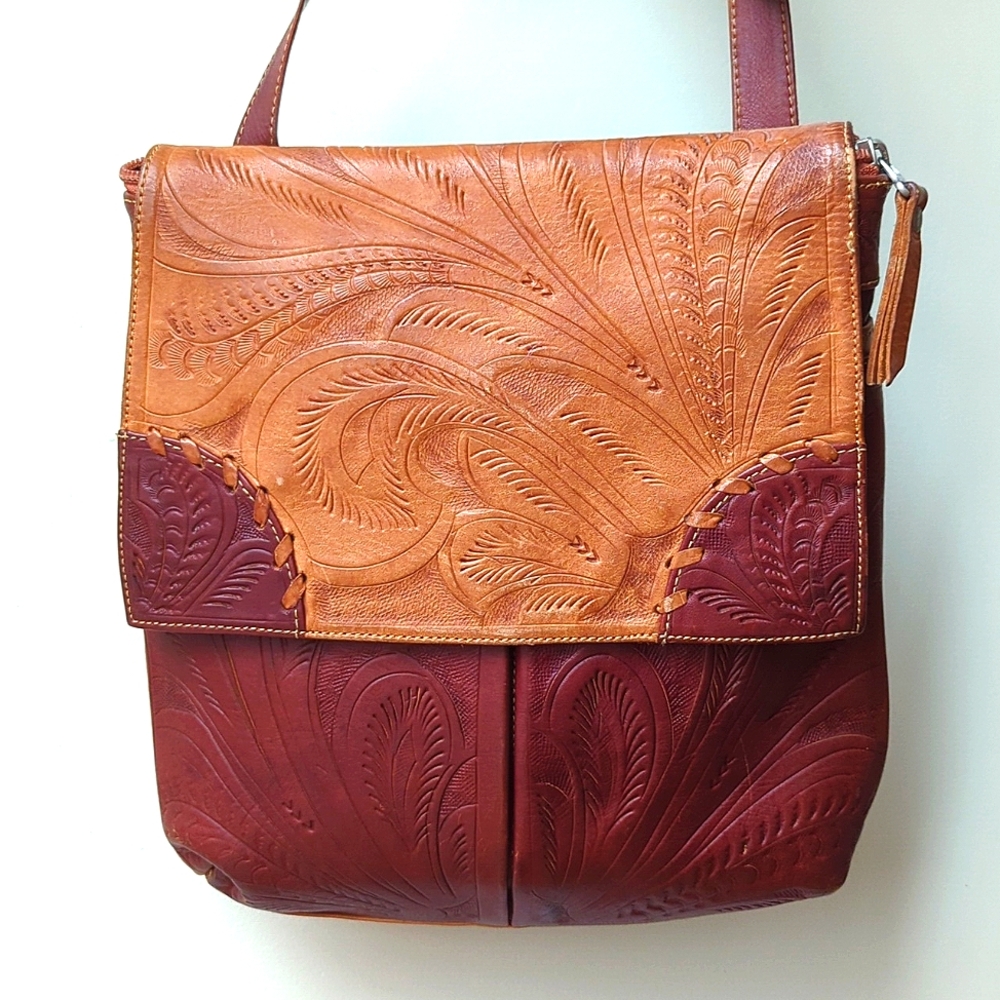 Leather Crossbody Patterned Bag, Tan & Maroon